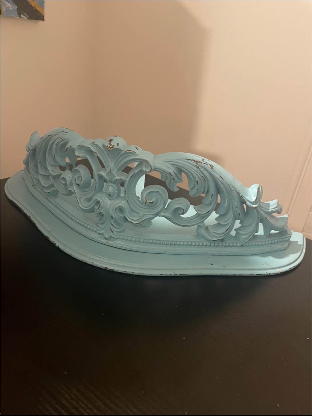 Ornate Carved Wood Wall Shelf - Light Aqua